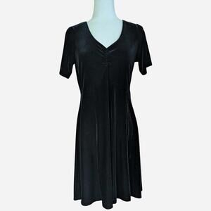 Black Velvet Babydoll Dress Ruched V Neck Short Sleeve 1990s Vintage